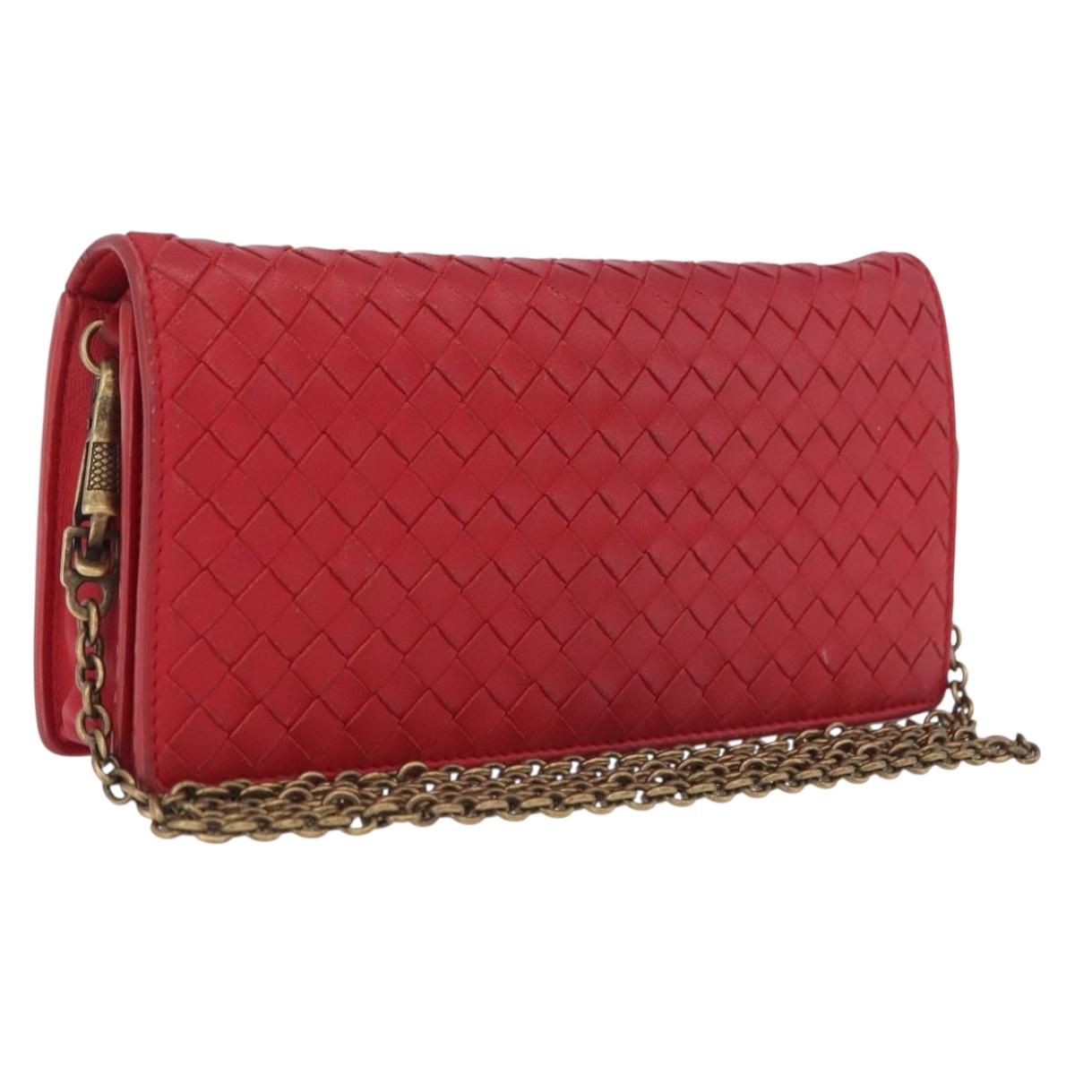 Bottega Veneta INTRECCIATO Chain Shoulder Wallet Leather Red Auth 210608A