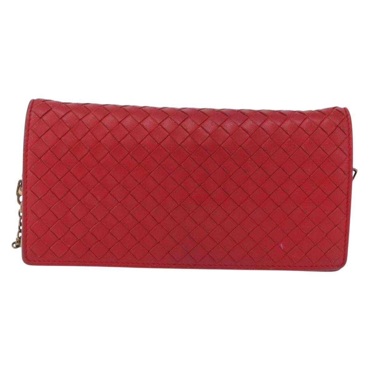Bottega Veneta INTRECCIATO Chain Shoulder Wallet Leather Red Auth 210608A