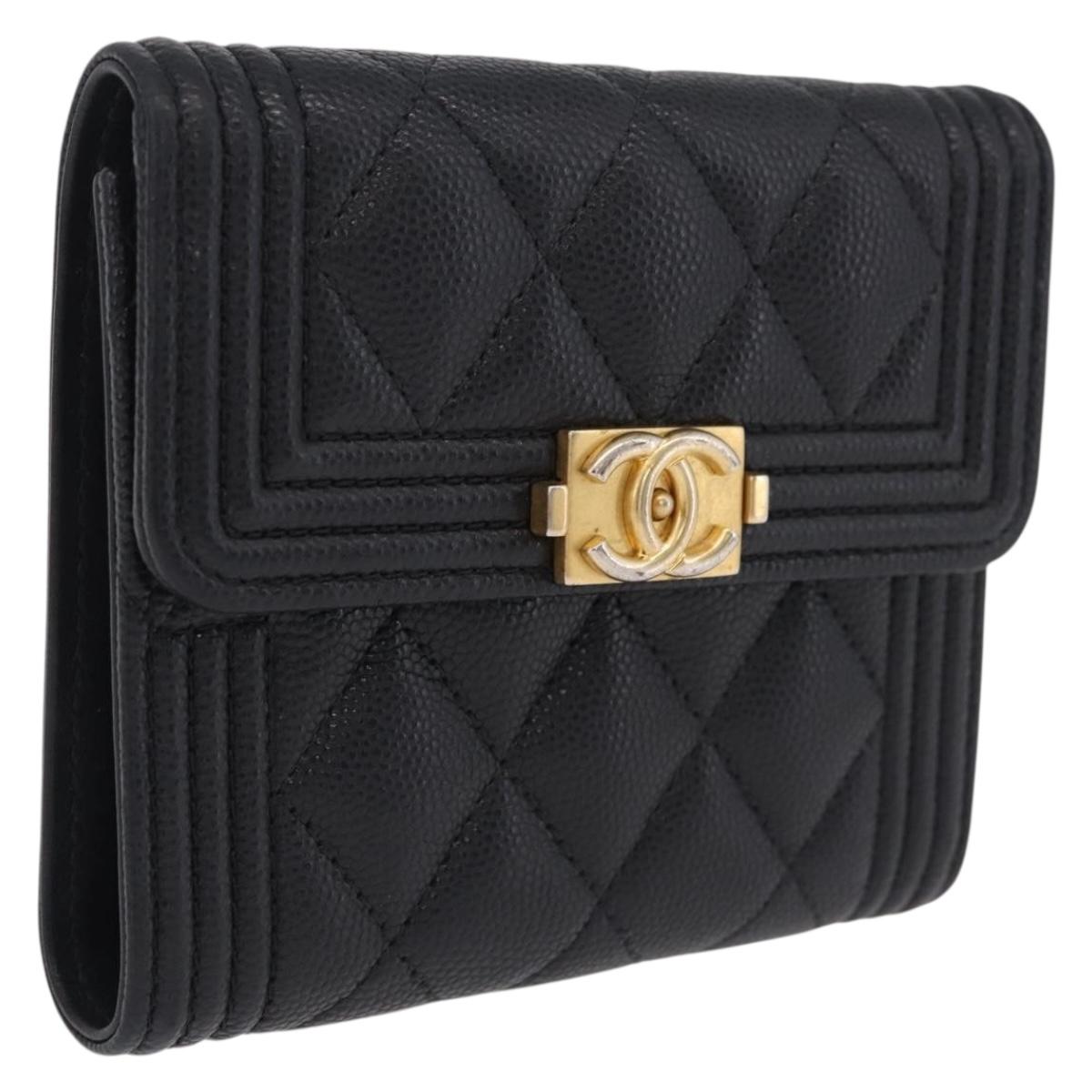 CHANEL Boy Chanel Matelasse Compact Wallet Caviar Skin Black CC Auth 210618M