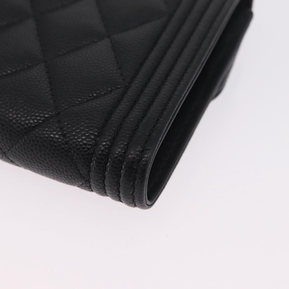 CHANEL Boy Chanel Matelasse Compact Wallet Caviar Skin Black CC Auth 210618M