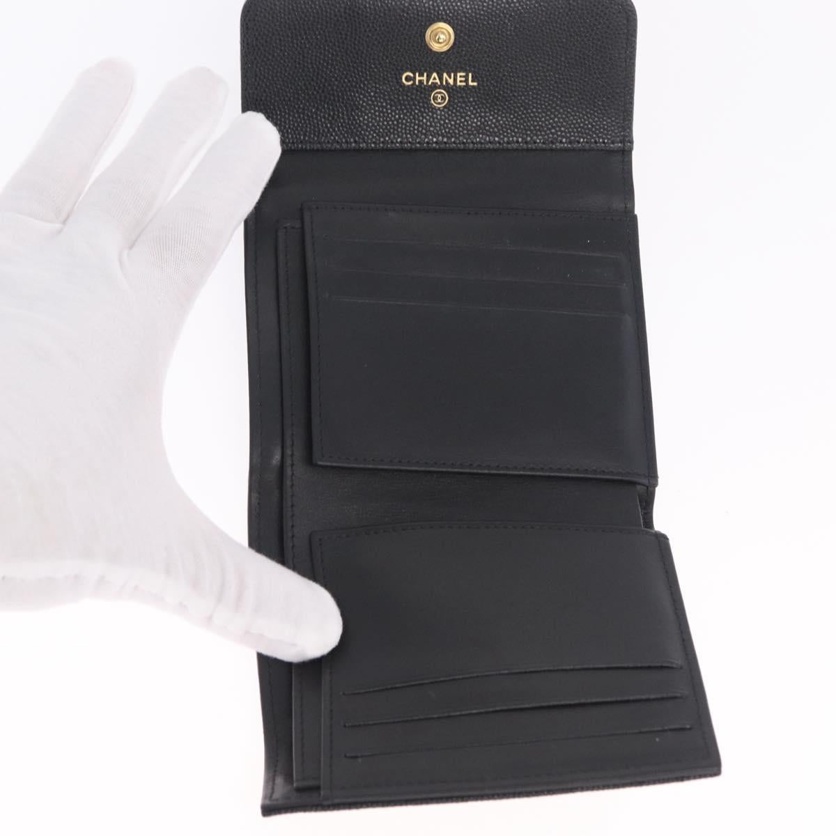 CHANEL Boy Chanel Matelasse Compact Wallet Caviar Skin Black CC Auth 210618M