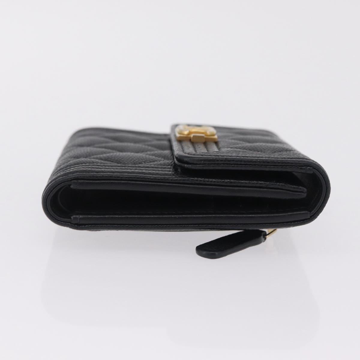 CHANEL Boy Chanel Matelasse Compact Wallet Caviar Skin Black CC Auth 210618M