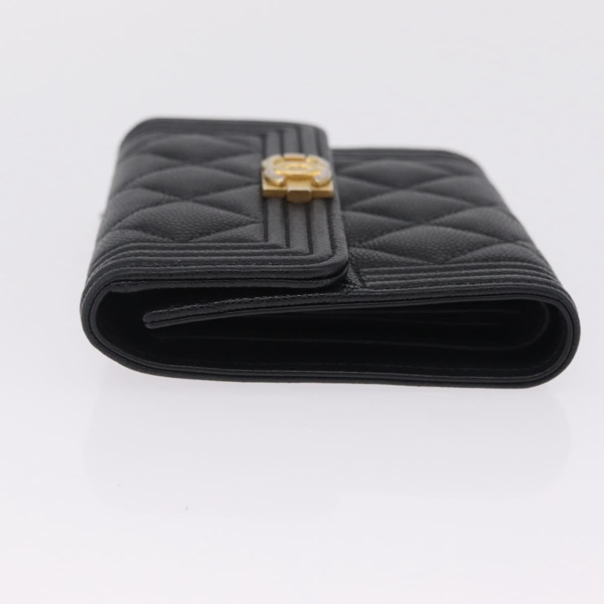 CHANEL Boy Chanel Matelasse Compact Wallet Caviar Skin Black CC Auth 210618M