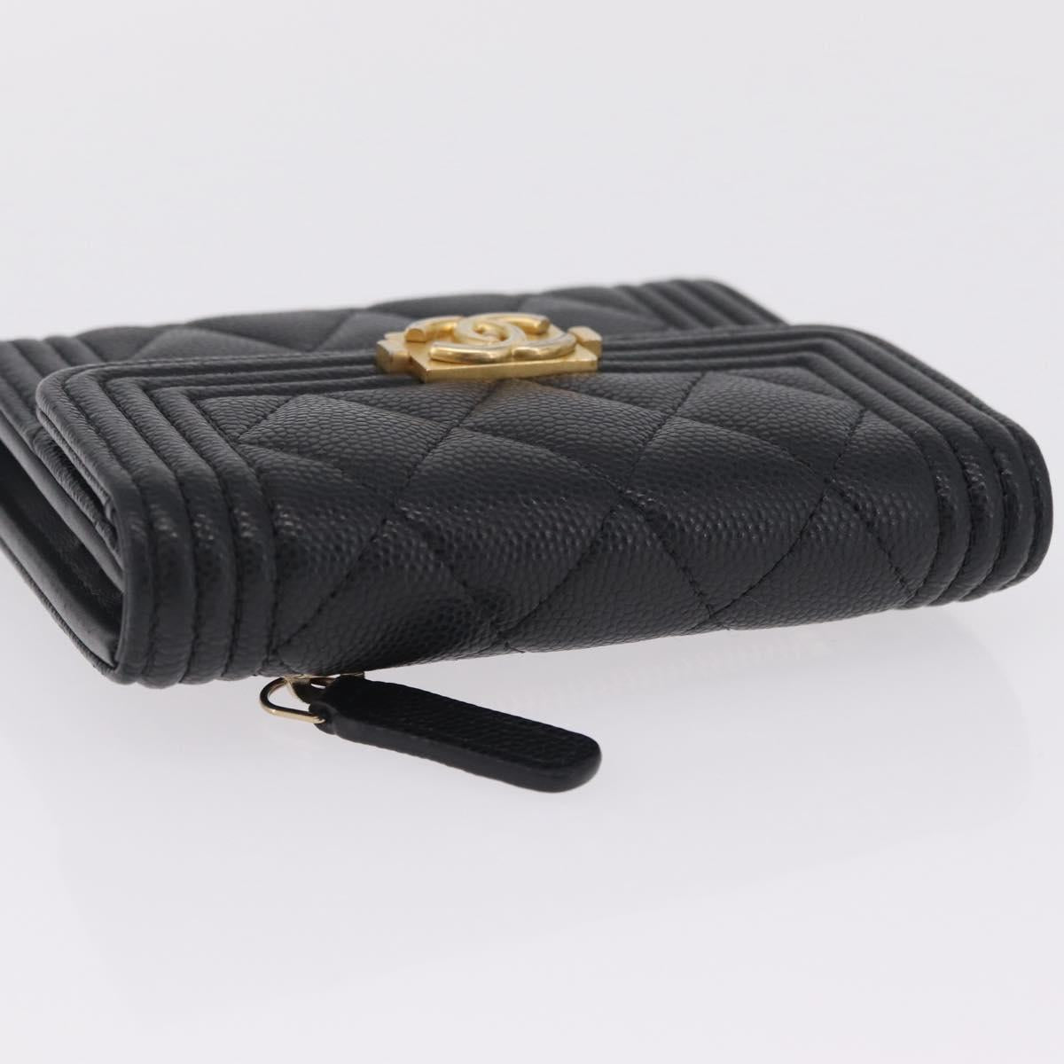 CHANEL Boy Chanel Matelasse Compact Wallet Caviar Skin Black CC Auth 210618M