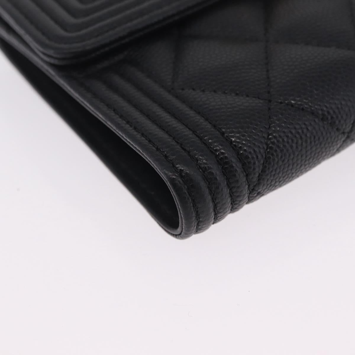 CHANEL Boy Chanel Matelasse Compact Wallet Caviar Skin Black CC Auth 210618M