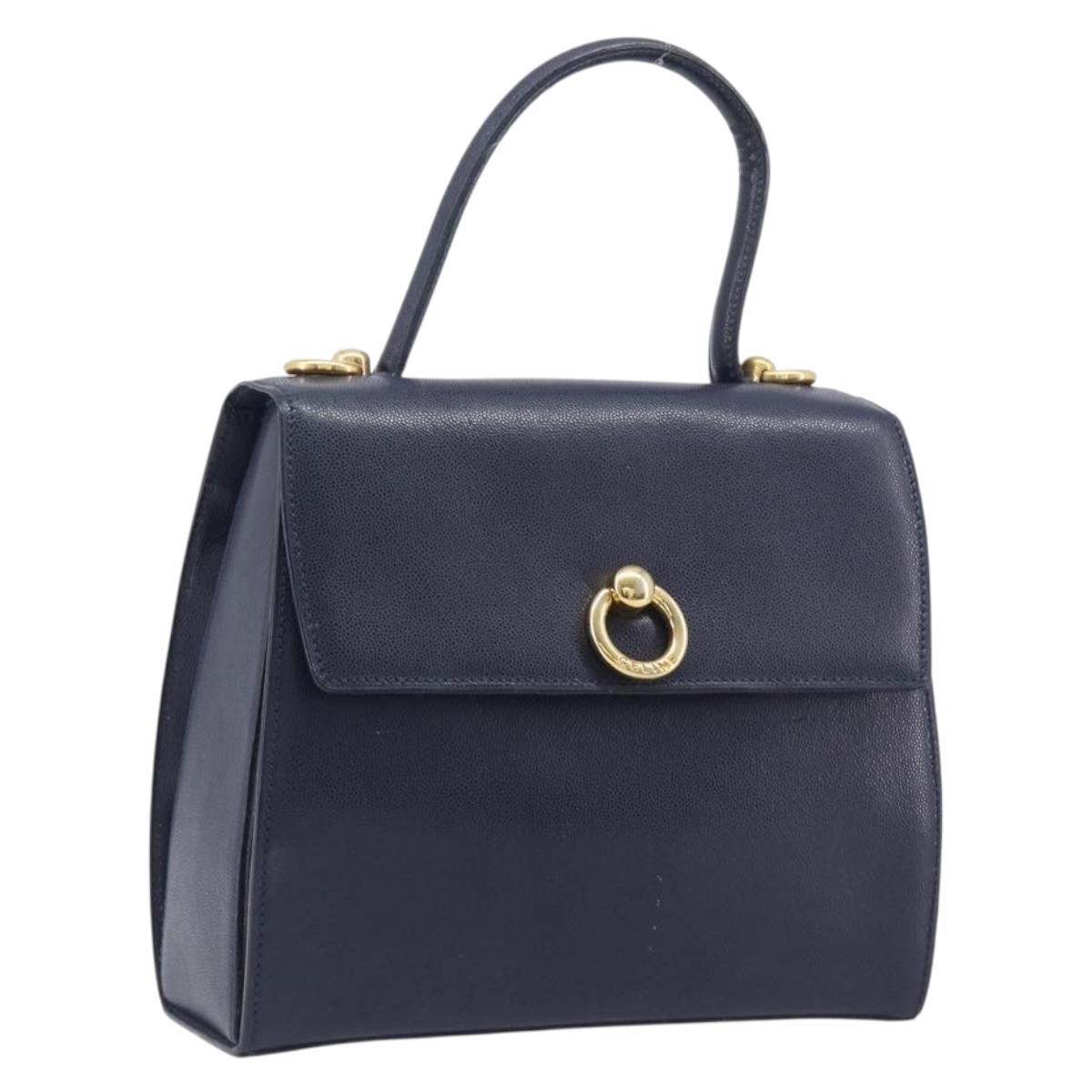 CELINE Hand Bag Leather Navy Gold Auth 210630