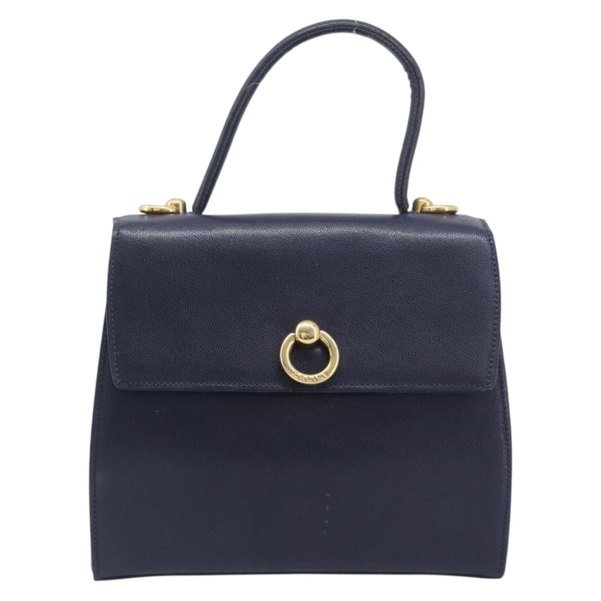 CELINE Hand Bag Leather Navy Gold Auth 210630