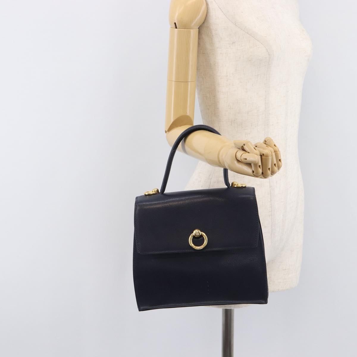 CELINE Hand Bag Leather Navy Gold Auth 210630