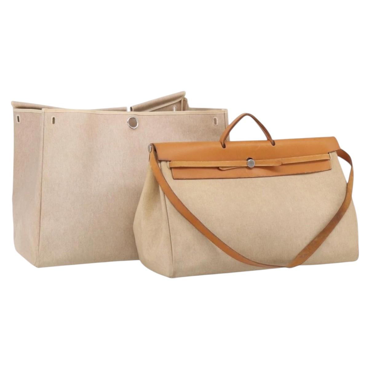 HERMES Herbag TGM Hand Bag Canvas 2way Beige Silver Auth 210637