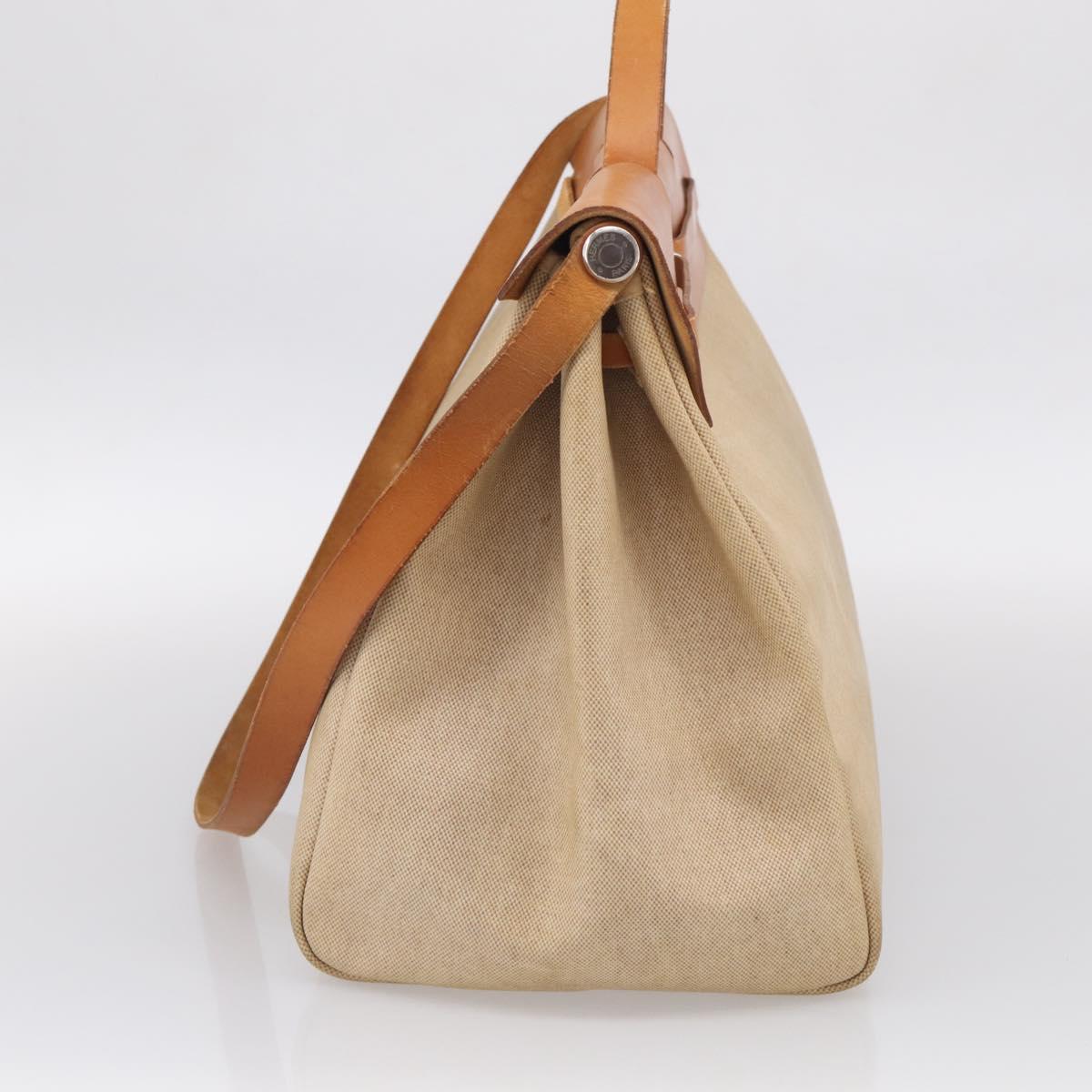 HERMES Herbag TGM Hand Bag Canvas 2way Beige Silver Auth 210637