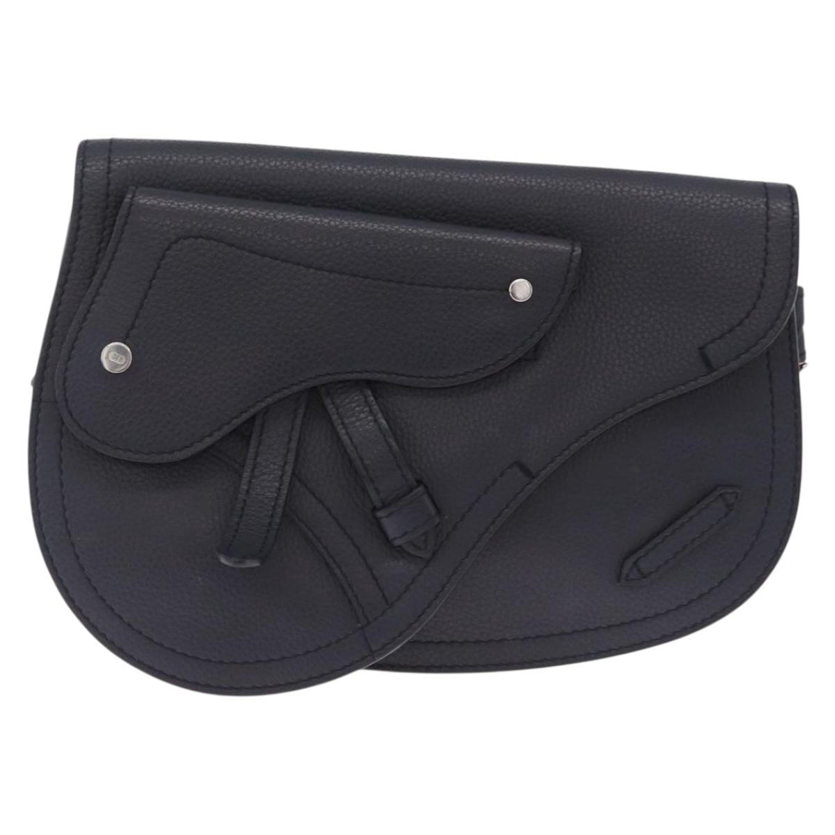 Christian Dior Saddle Messenger Shoulder Bag Leather Navy Silver Auth 210641V