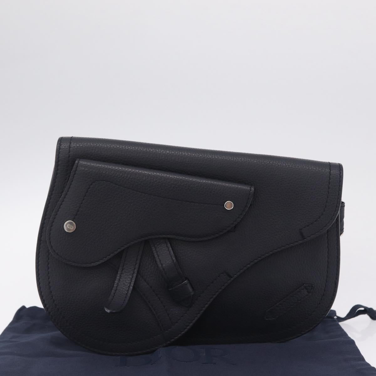 Christian Dior Saddle Messenger Shoulder Bag Leather Navy Silver Auth 210641V