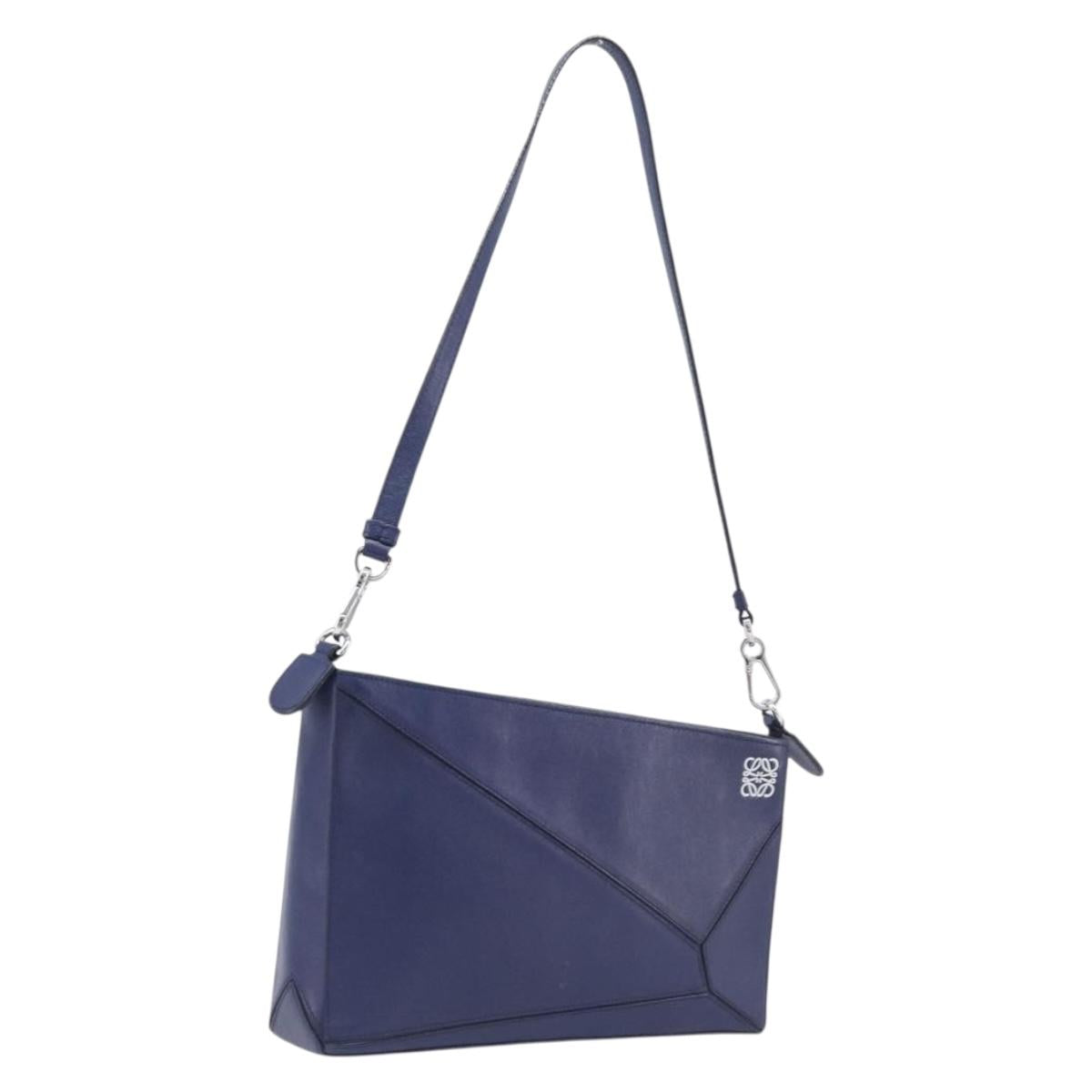 LOEWE Puzzle Pouch Shoulder Bag Leather Navy Silver Auth 210654V