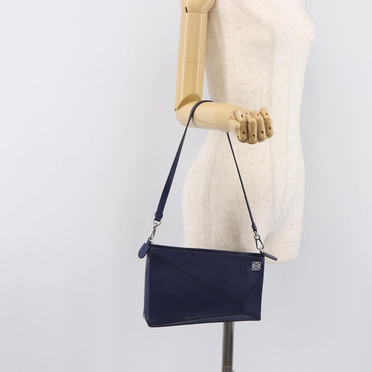 LOEWE Puzzle Pouch Shoulder Bag Leather Navy Silver Auth 210654V