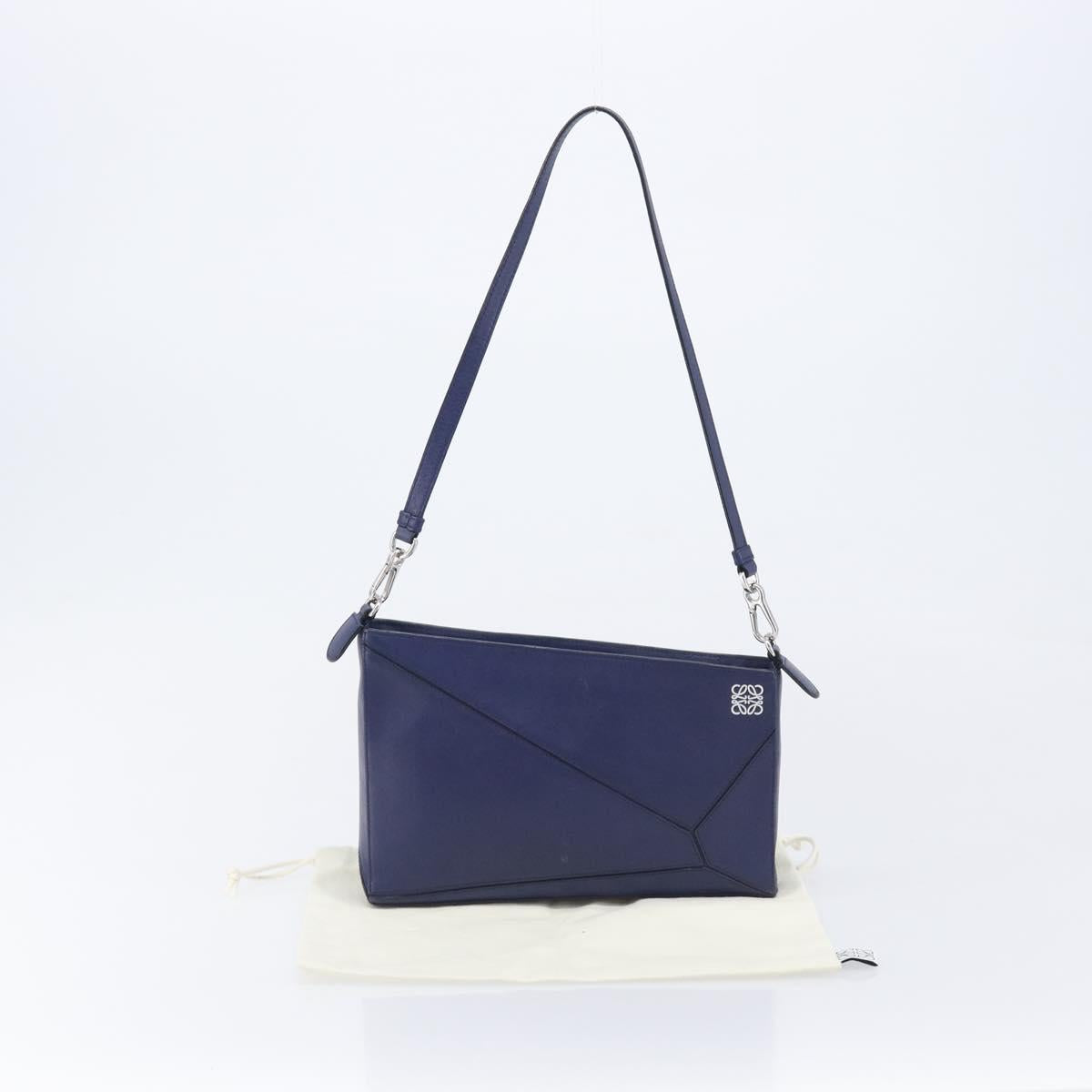 LOEWE Puzzle Pouch Shoulder Bag Leather Navy Silver Auth 210654V