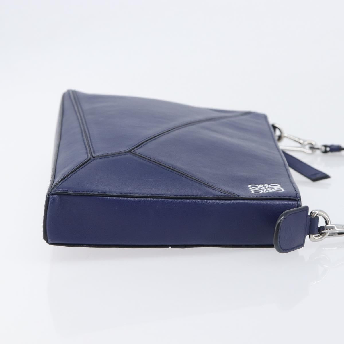 LOEWE Puzzle Pouch Shoulder Bag Leather Navy Silver Auth 210654V