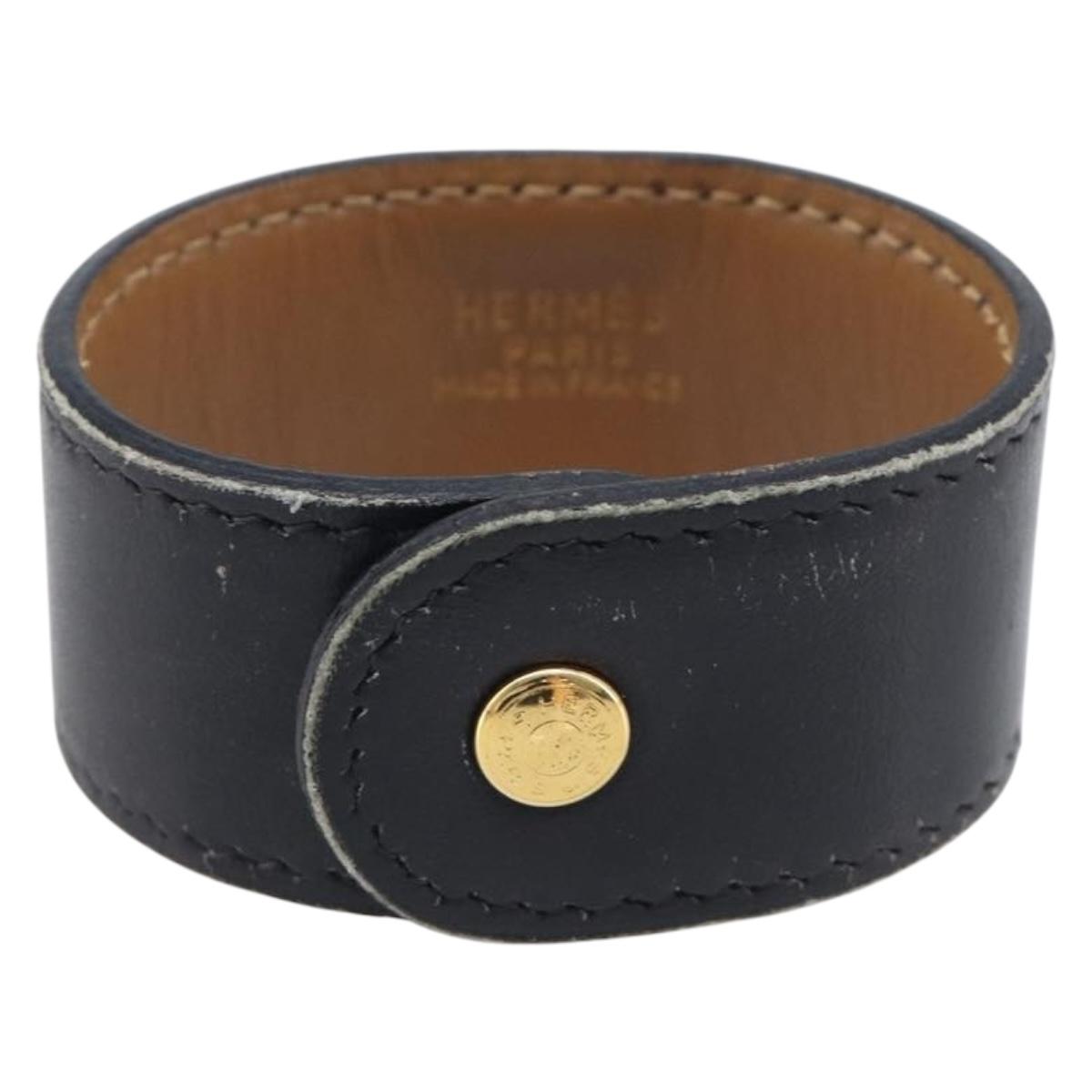 HERMES Medor Bracelet Leather Black Gold Auth 210660
