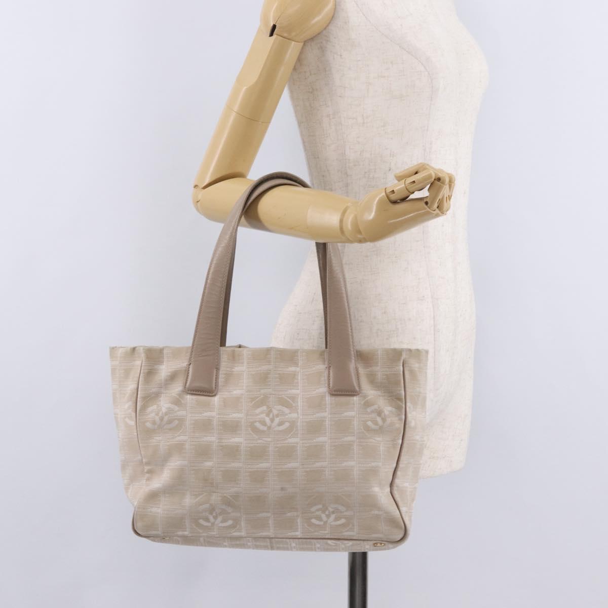 CHANEL New Travel Line Tote Bag Canvas Beige Gold CC Auth 210686A
