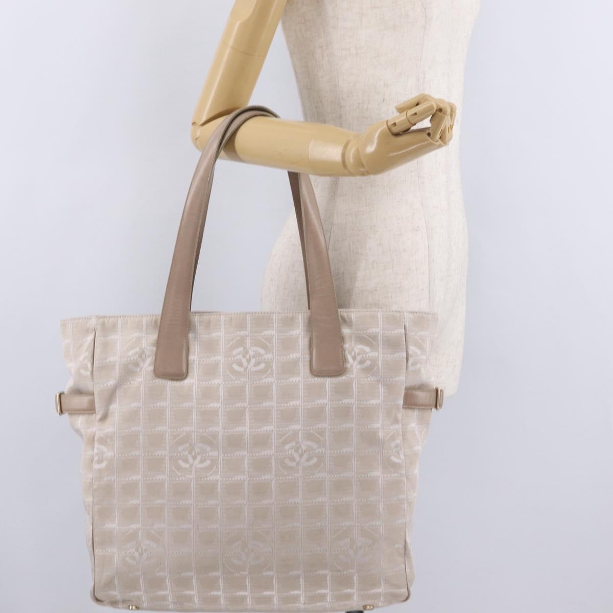 CHANEL New Travel Line Tote Bag Canvas Beige Gold CC Auth 210687A