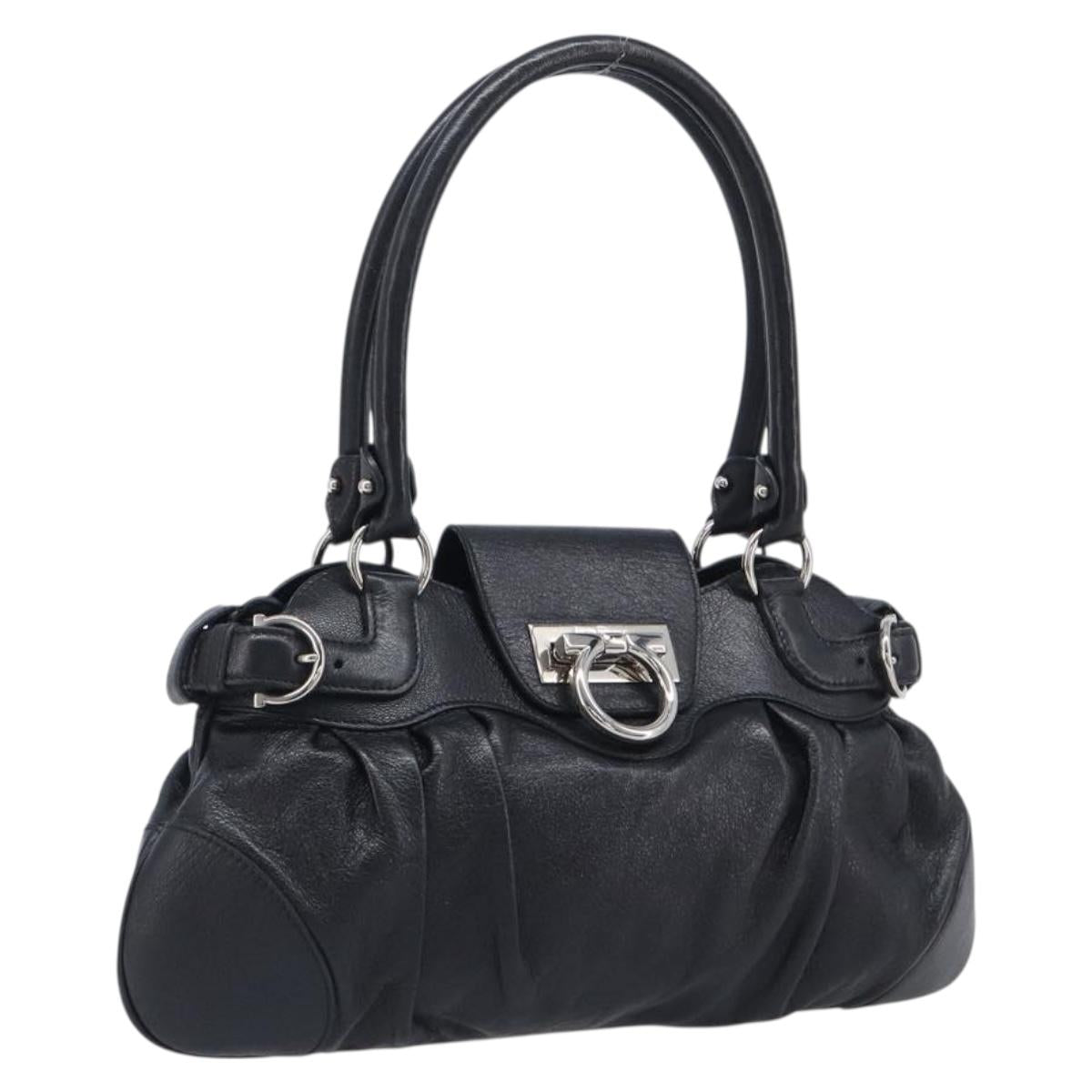 Salvatore Ferragamo Gancini Hand Bag Leather Black Silver Auth 210733V