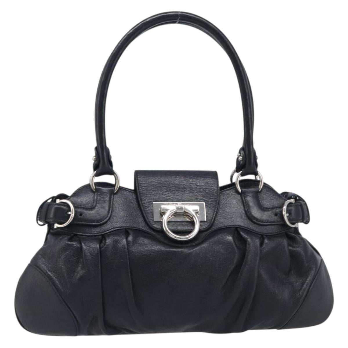 Salvatore Ferragamo Gancini Hand Bag Leather Black Silver Auth 210733V