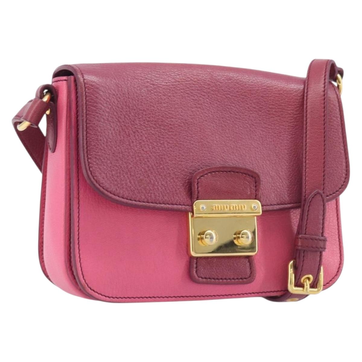 Miu Miu Madras Shoulder Bag Leather Pink Gold Auth 210737V