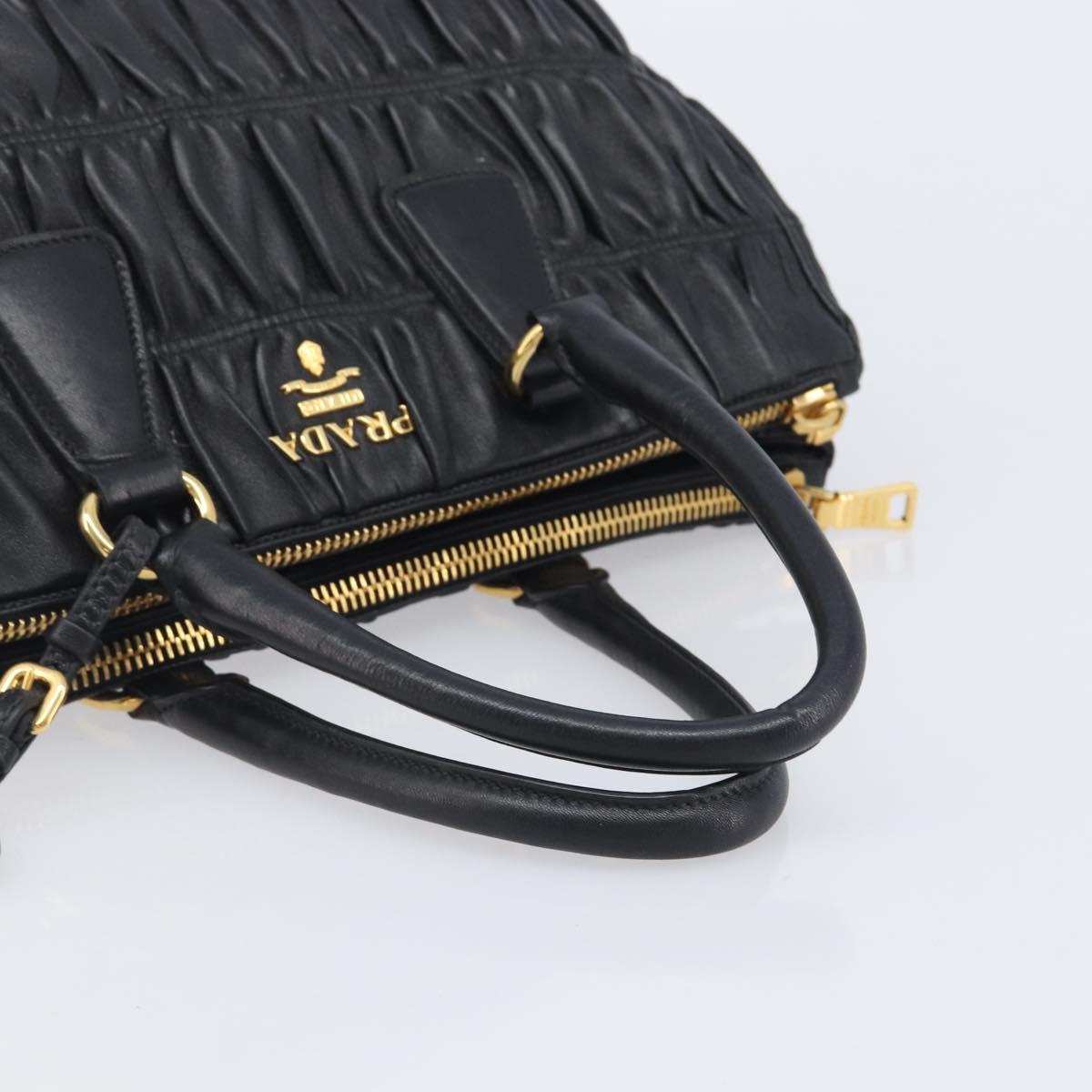 PRADA Gathered Hand Bag Leather Black Gold Auth 210740V
