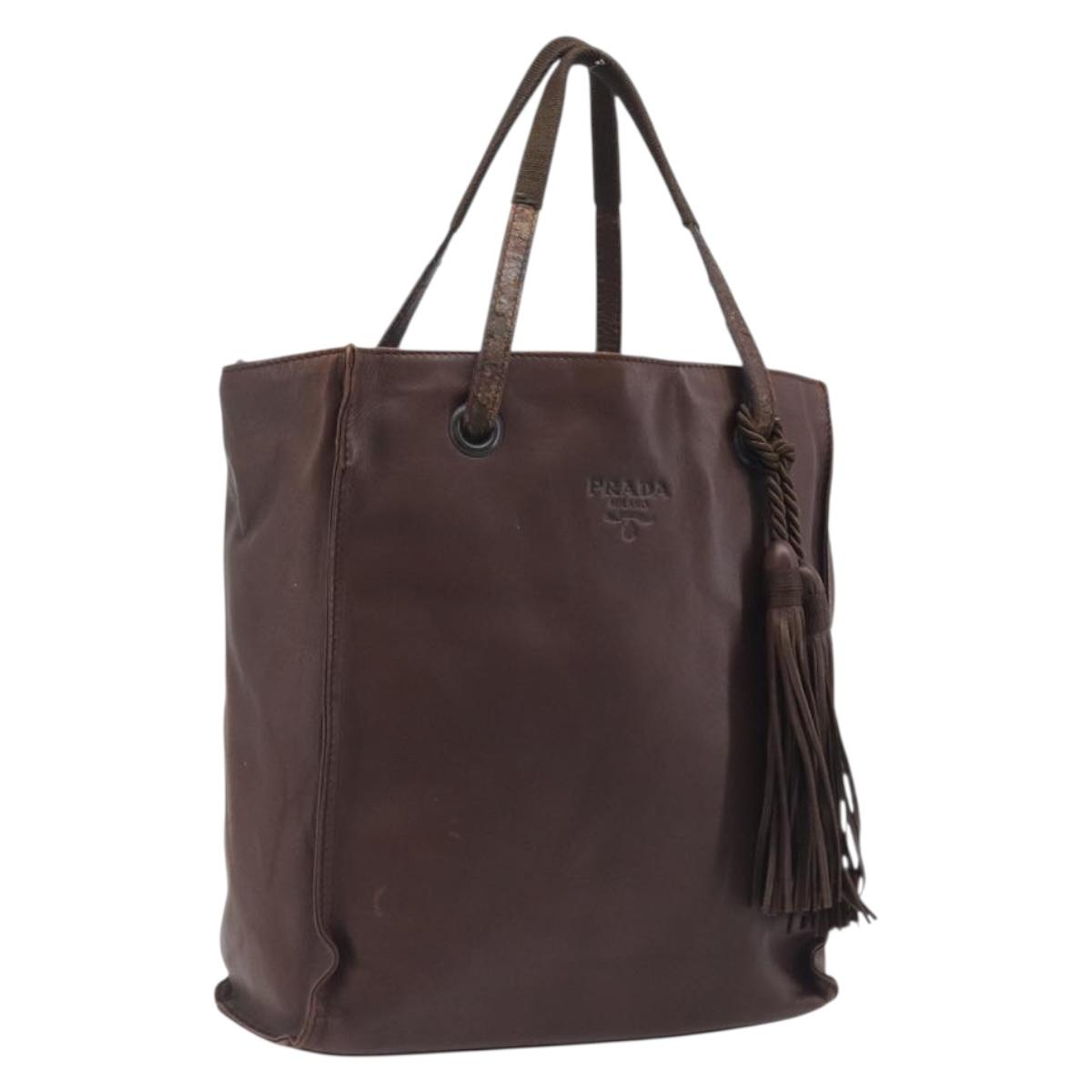 PRADA Hand Bag Leather Brown Silver Auth 210742