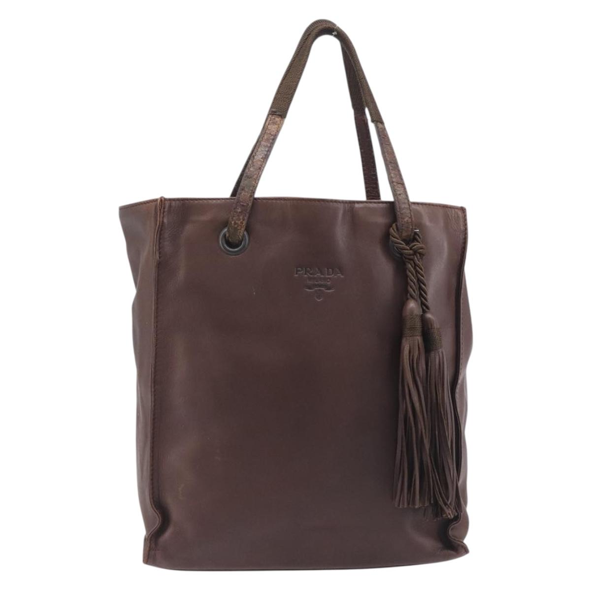 PRADA Hand Bag Leather Brown Silver Auth 210742