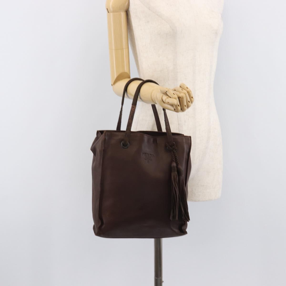 PRADA Hand Bag Leather Brown Silver Auth 210742
