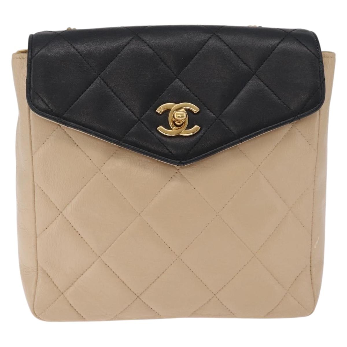 CHANEL Matelasse Chain Shoulder Bag Lamb Skin Beige Gold CC Auth 210755