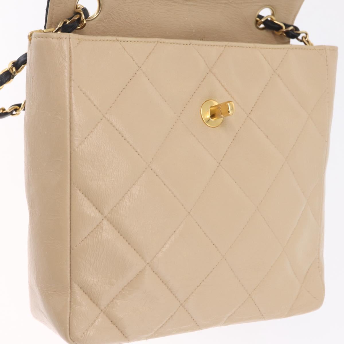 CHANEL Matelasse Chain Shoulder Bag Lamb Skin Beige Gold CC Auth 210755