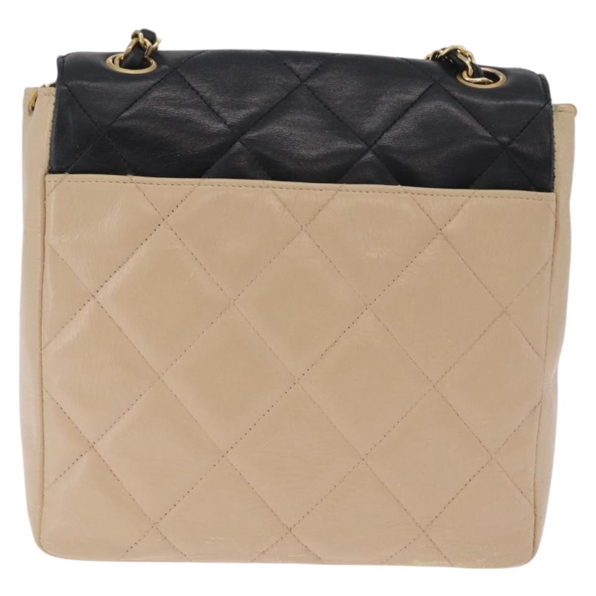 CHANEL Matelasse Chain Shoulder Bag Lamb Skin Beige Gold CC Auth 210755