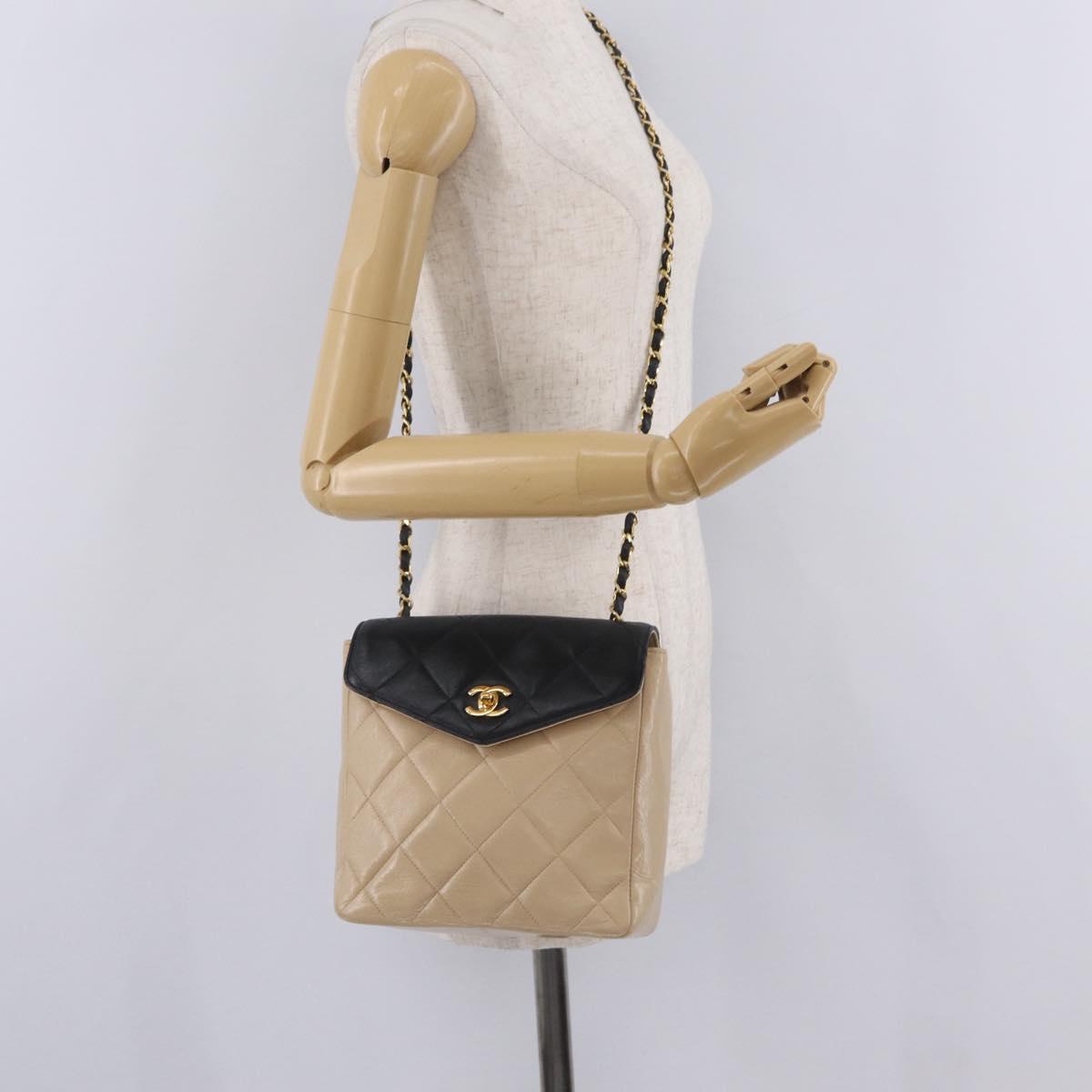 CHANEL Matelasse Chain Shoulder Bag Lamb Skin Beige Gold CC Auth 210755
