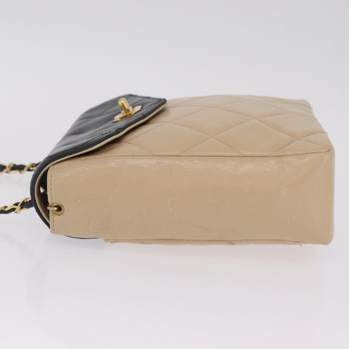 CHANEL Matelasse Chain Shoulder Bag Lamb Skin Beige Gold CC Auth 210755
