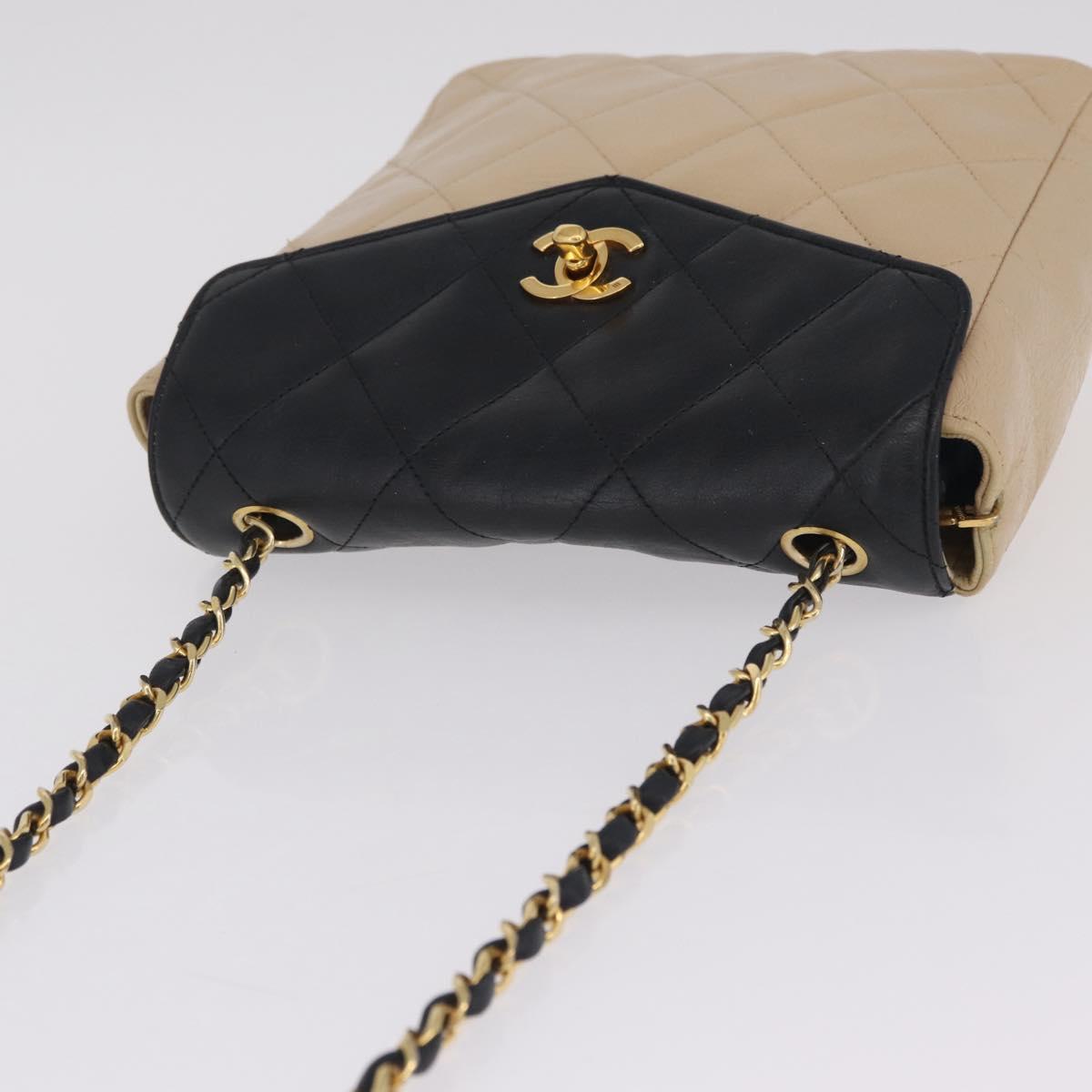CHANEL Matelasse Chain Shoulder Bag Lamb Skin Beige Gold CC Auth 210755