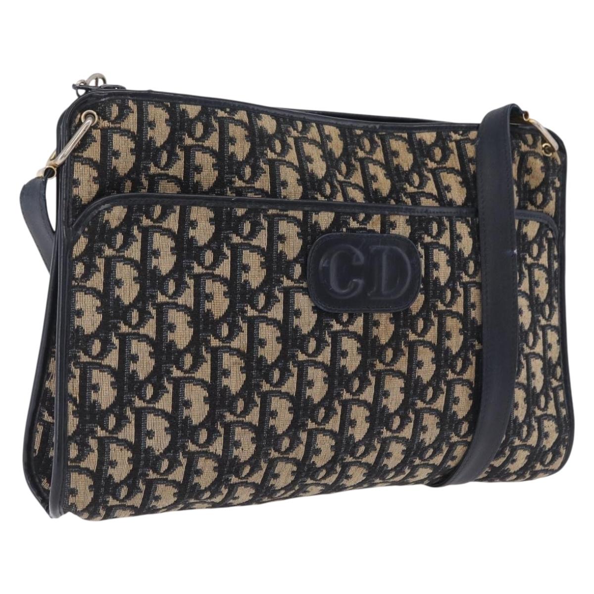 Christian Dior Trotter Canvas Shoulder Bag Navy Gold Auth 210768