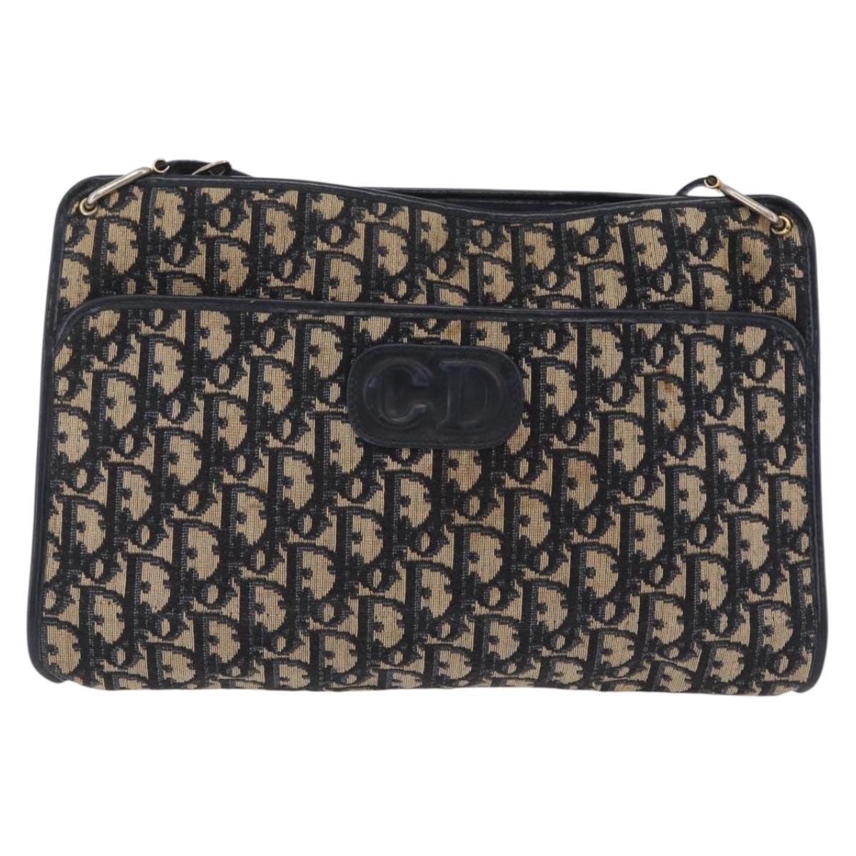 Christian Dior Trotter Canvas Shoulder Bag Navy Gold Auth 210768