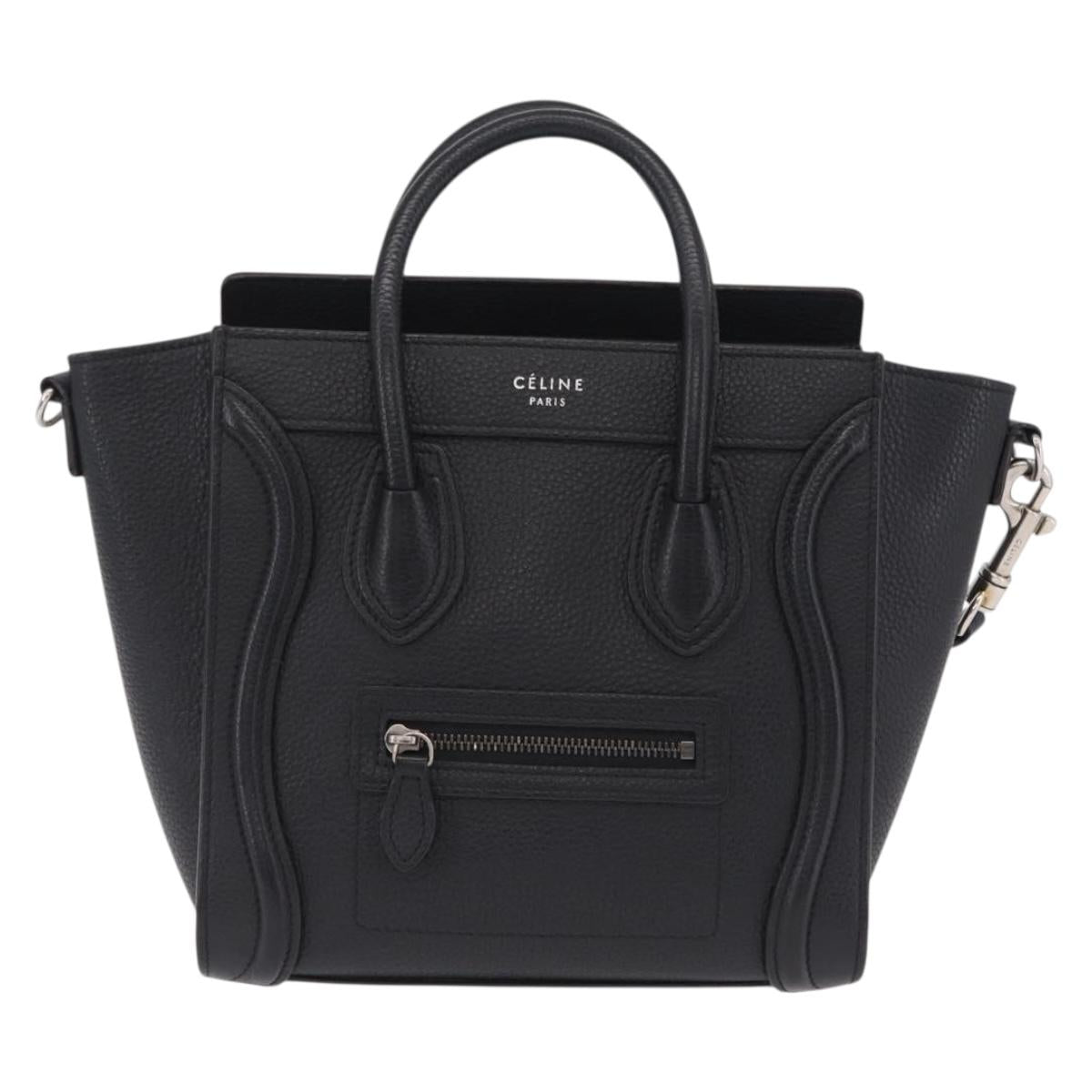 CELINE Luggage Nano Hand Bag Leather 2way Black Silver Auth 210773M