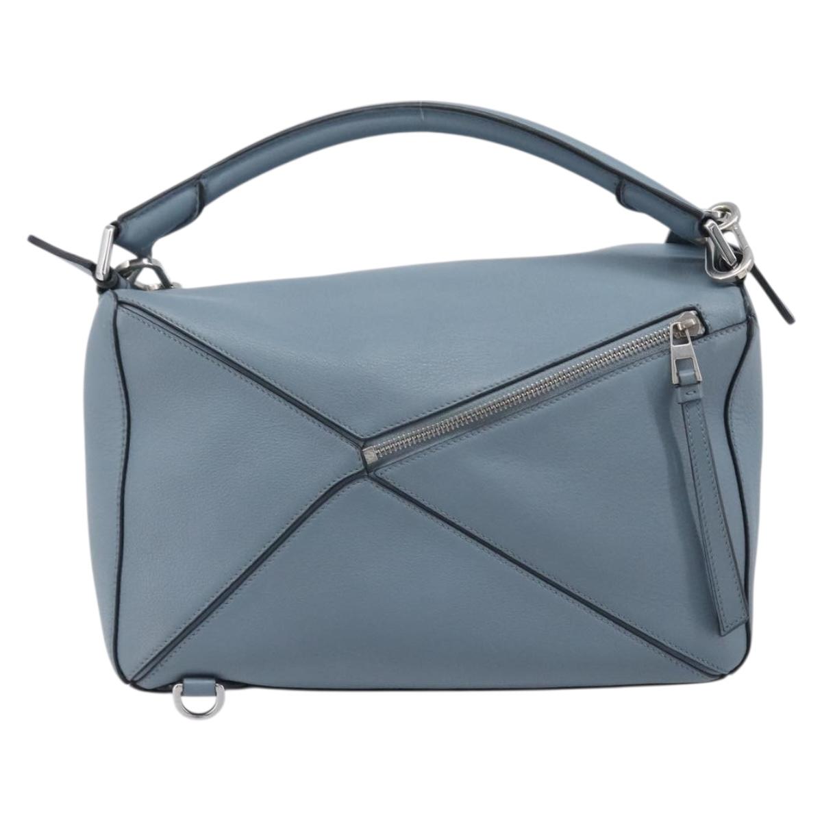 LOEWE Puzzle Bag Hand Bag Leather 2way Light Blue Silver Auth 210776M