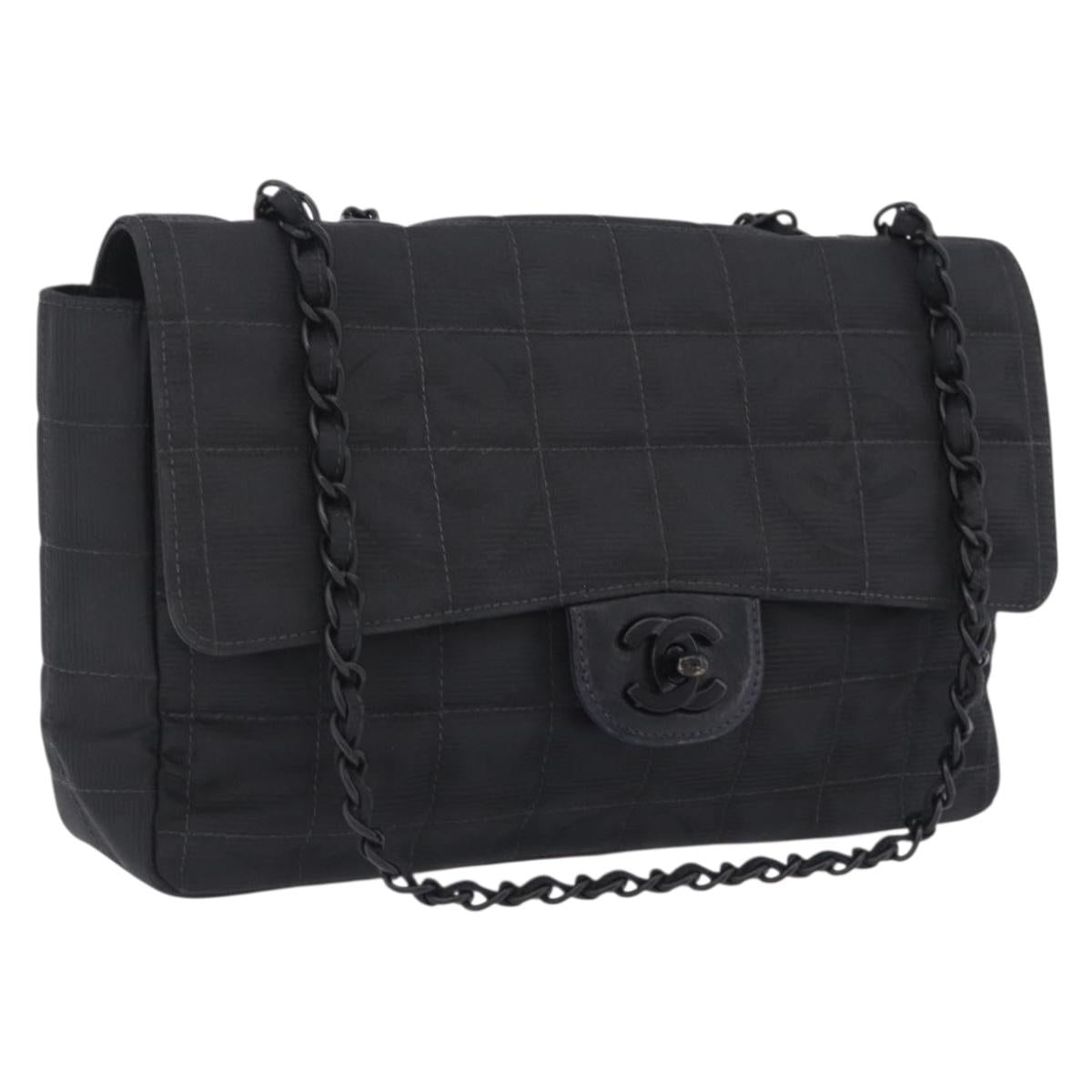 CHANEL Choco Bar Chain New Travel Line Shoulder Bag Canvas Black CC Auth 210786A