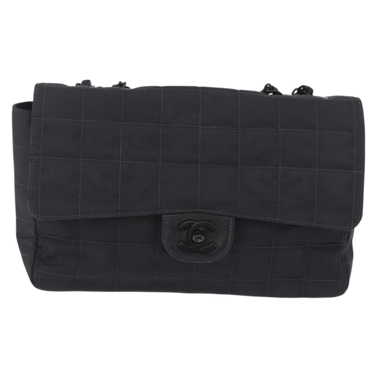 CHANEL Choco Bar Chain New Travel Line Shoulder Bag Canvas Black CC Auth 210786A