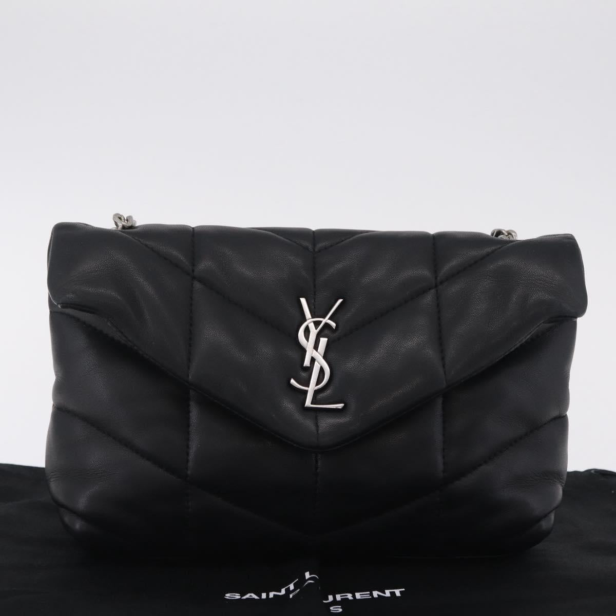 Saint Laurent Chain Lulu Shoulder Bag Leather Black Silver Auth 210788V