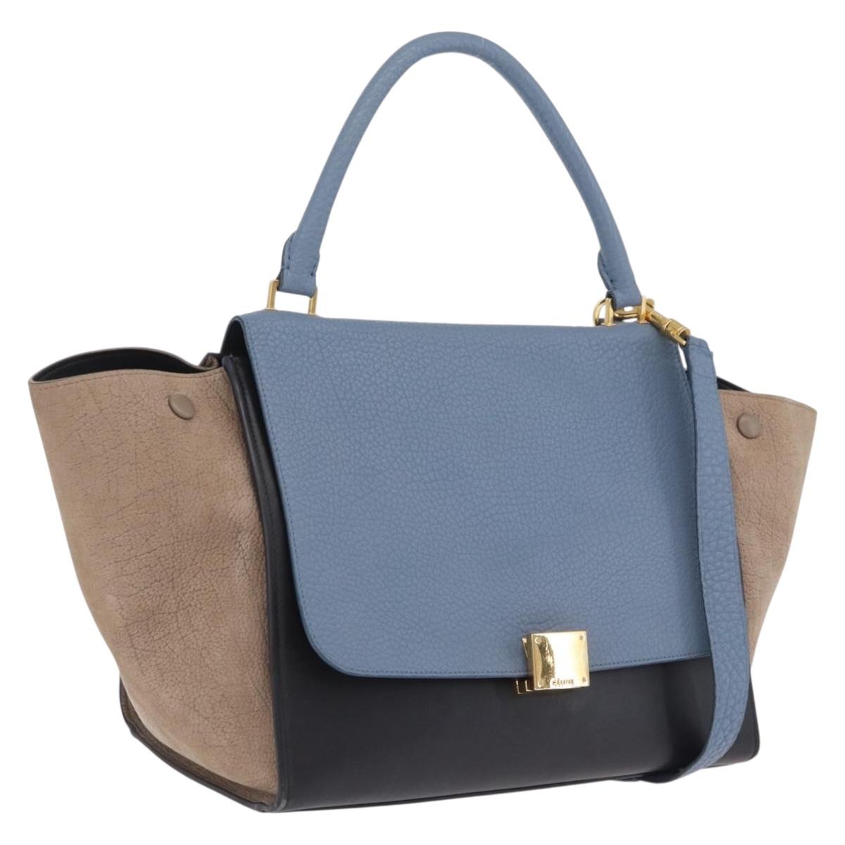 CELINE Trapeze Hand Bag Leather 2way Navy Gold Auth 210792V