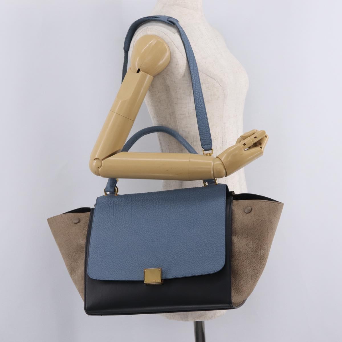 CELINE Trapeze Hand Bag Leather 2way Navy Gold Auth 210792V