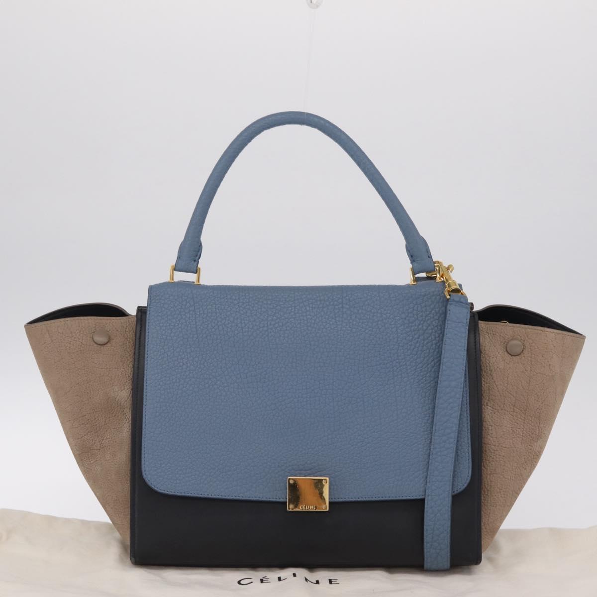 CELINE Trapeze Hand Bag Leather 2way Navy Gold Auth 210792V