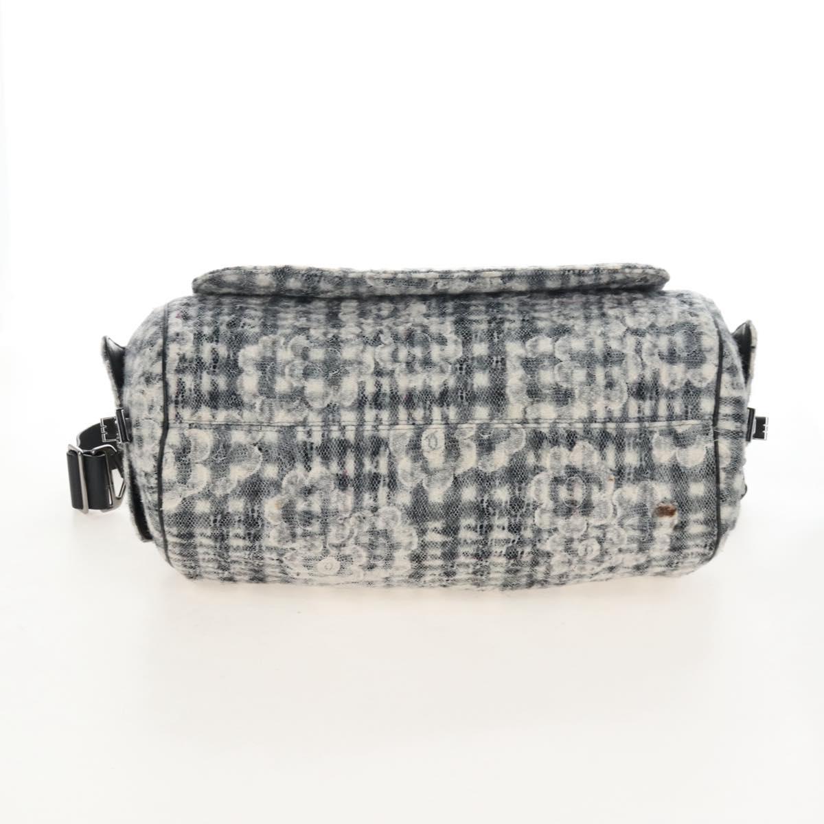 CHANEL Matelasse Camellia Chain Shoulder Bag tweed Gray Silver CC Auth 210823A