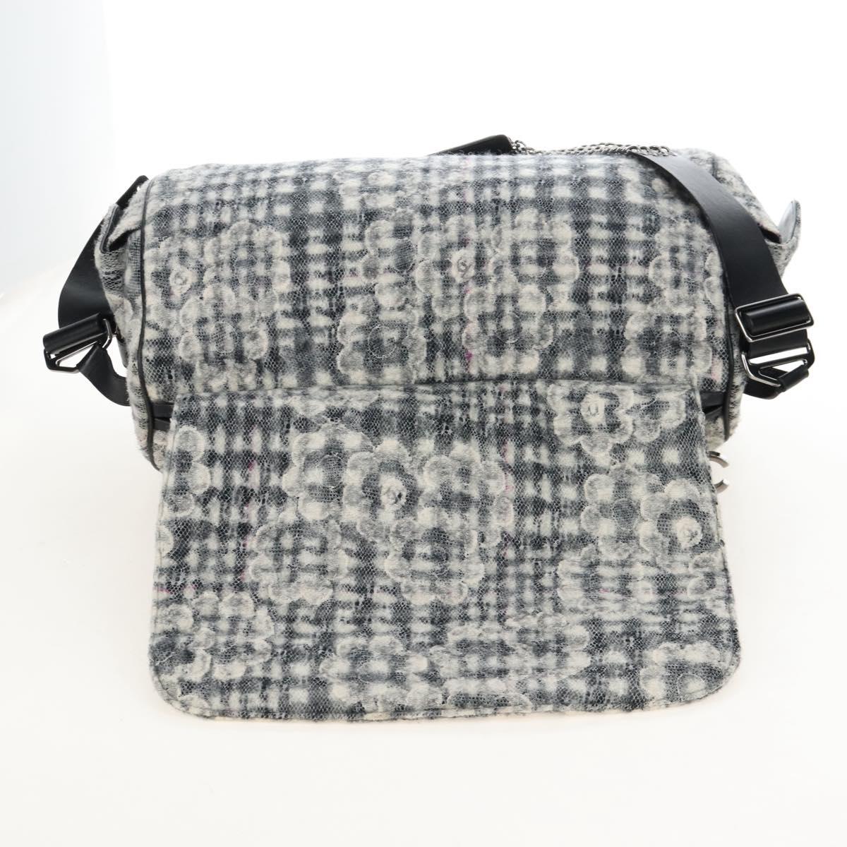 CHANEL Matelasse Camellia Chain Shoulder Bag tweed Gray Silver CC Auth 210823A