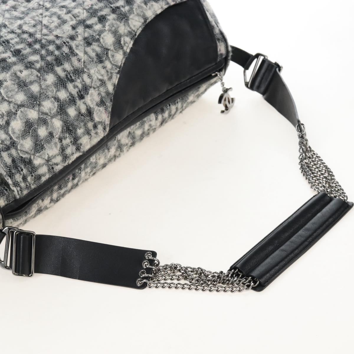CHANEL Matelasse Camellia Chain Shoulder Bag tweed Gray Silver CC Auth 210823A