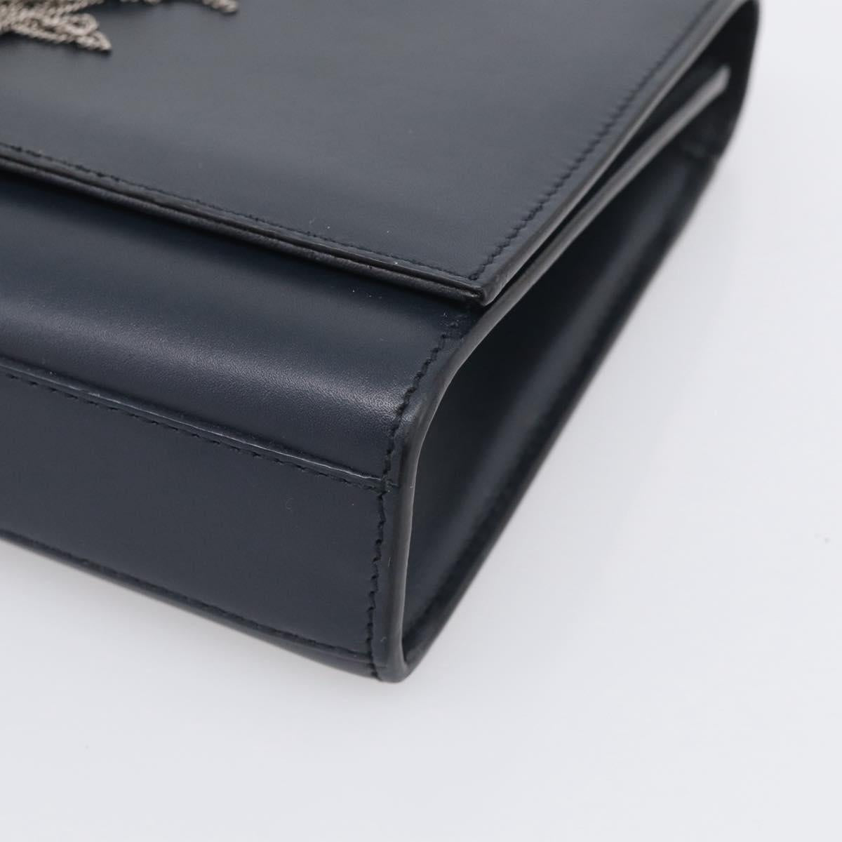 Saint Laurent Kate Chain Shoulder Bag Leather Navy Silver Auth 210824V